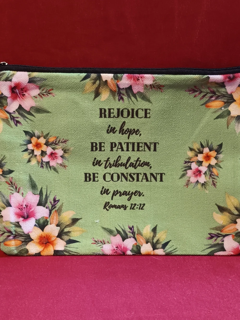 Floral Scripture Cosmetic Pouch - Green with Pink & Yellow Flowers